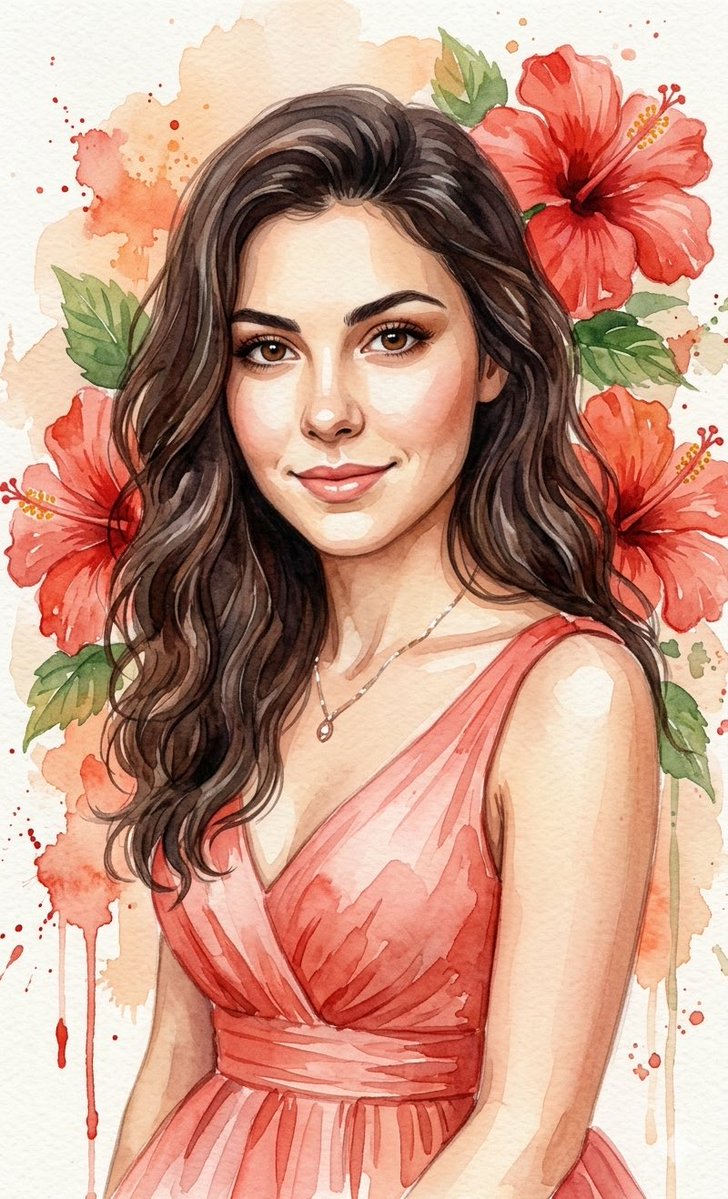 Watercolor Hibiscus Portrait Beauty