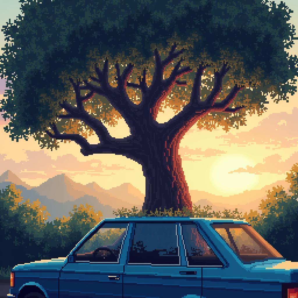 Pixel Tree Reflected in a Car Sunroof