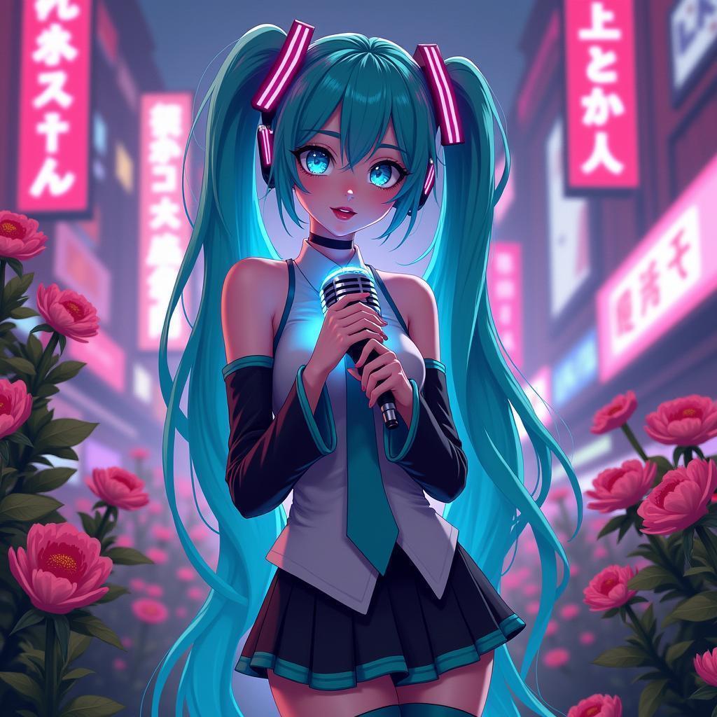 Hatsune Miku Singing Amid Cybernetic Neon Flora