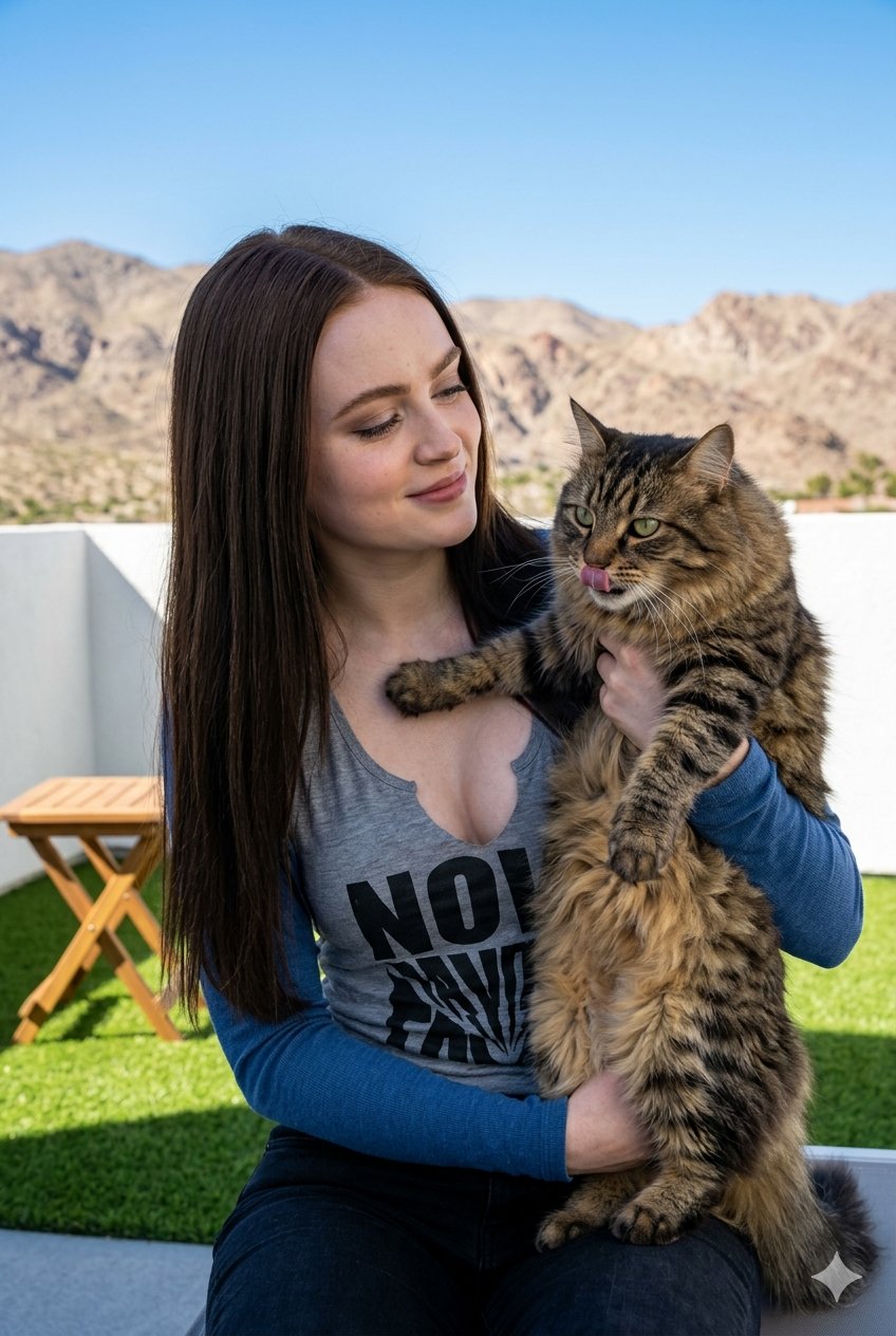 Woman Holding Cat on Sunny Terrace