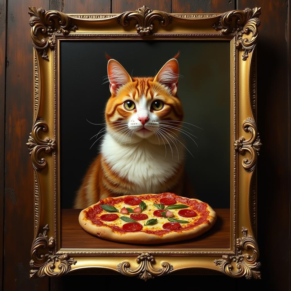 Baroque Cat Pizza Portrait in Gilded Frame