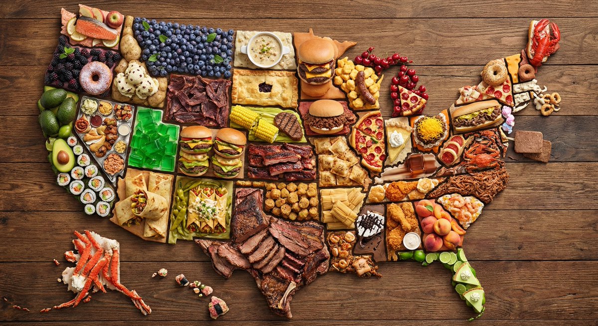 US Map Made of Famous State Foods
