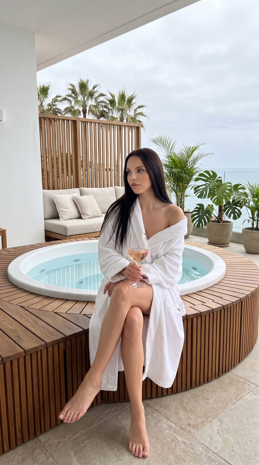 Luxury Terrace Bathrobe Wine Portrait