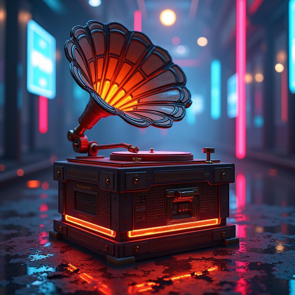Cardboard Phonograph Glowing With Neon Light