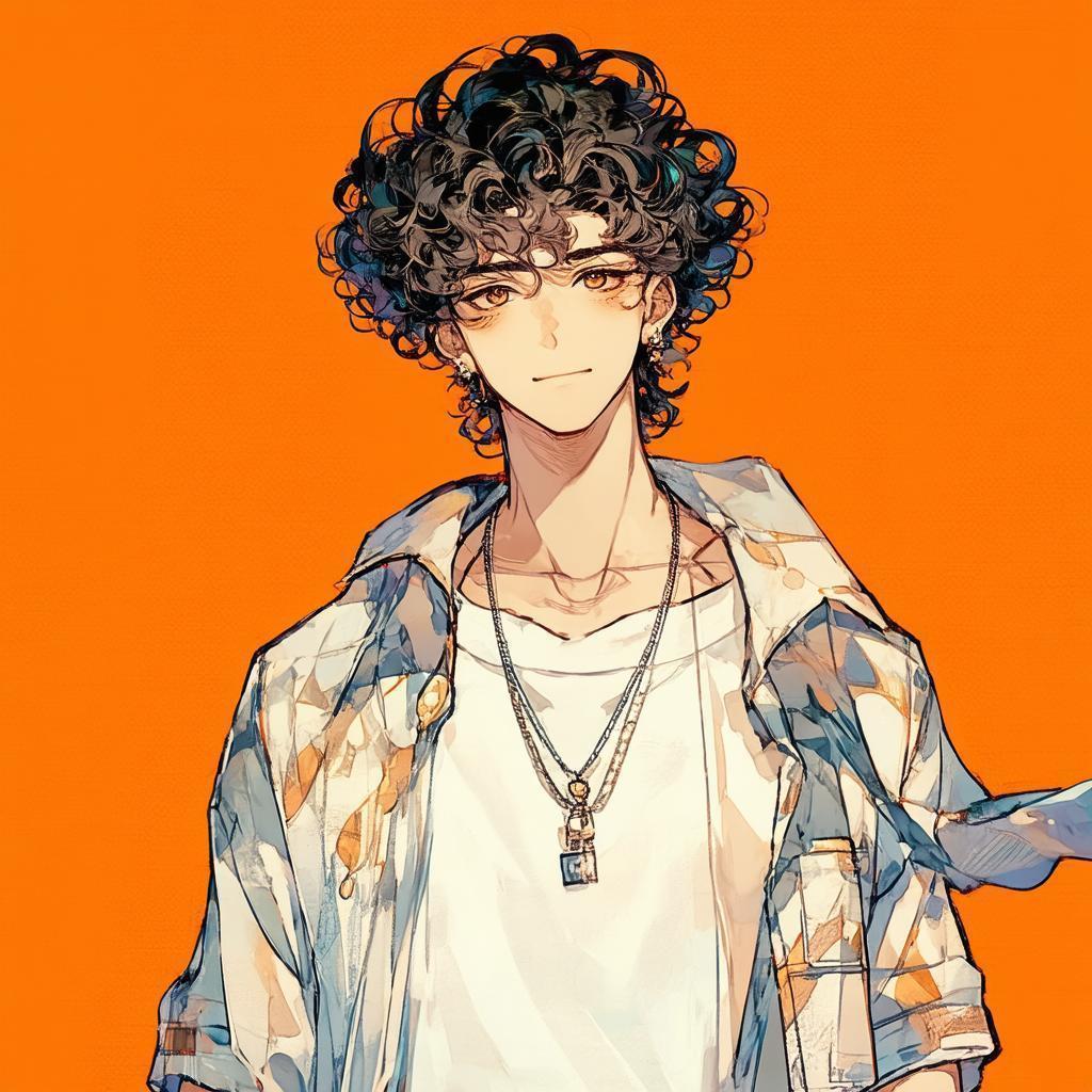 Charismatic Curly Haired Man on Vibrant Orange