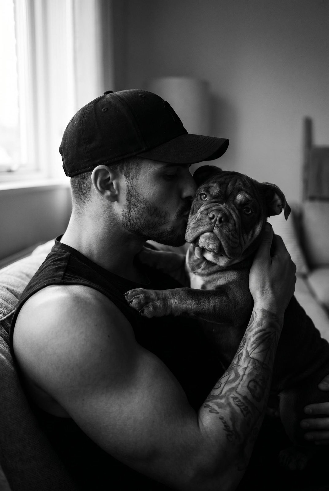Muscular Man Tenderly Kisses Bulldog