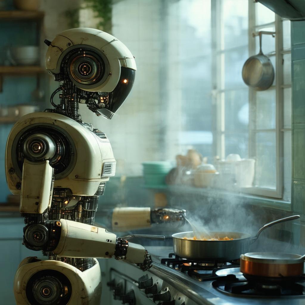 Retro Robot Cooking in a Vintage Kitchen