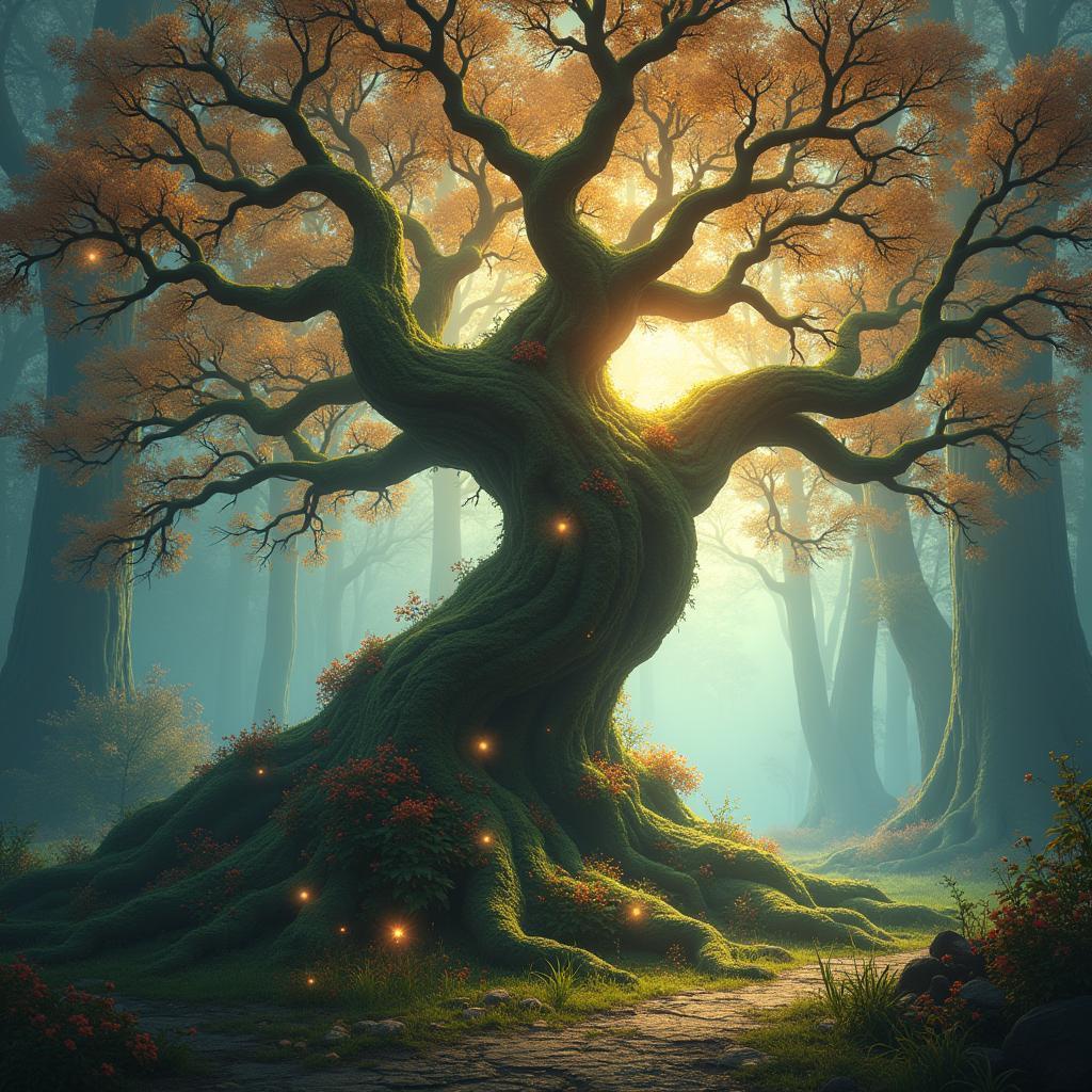Majestic Rune Lit Tree in Enchanted Forest