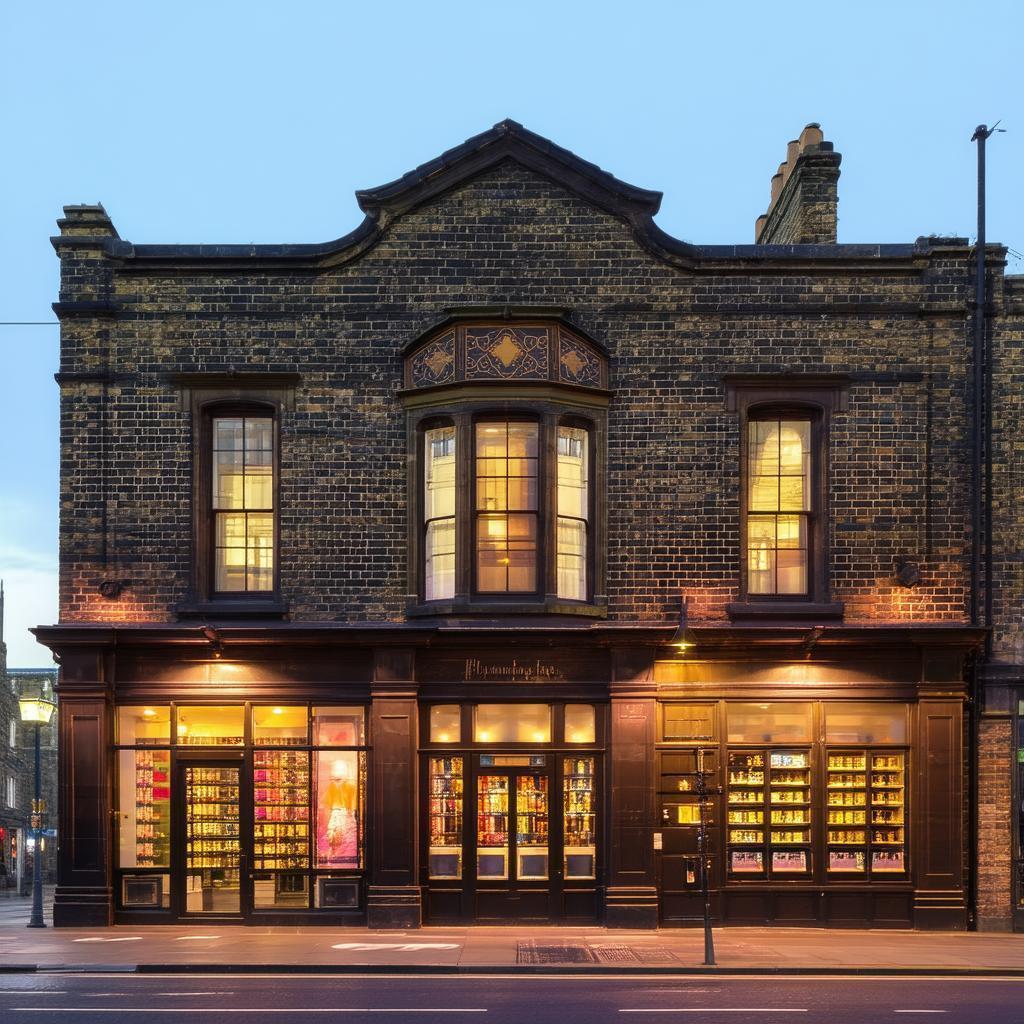Lamplit Brick Storefront With Ornate Windows