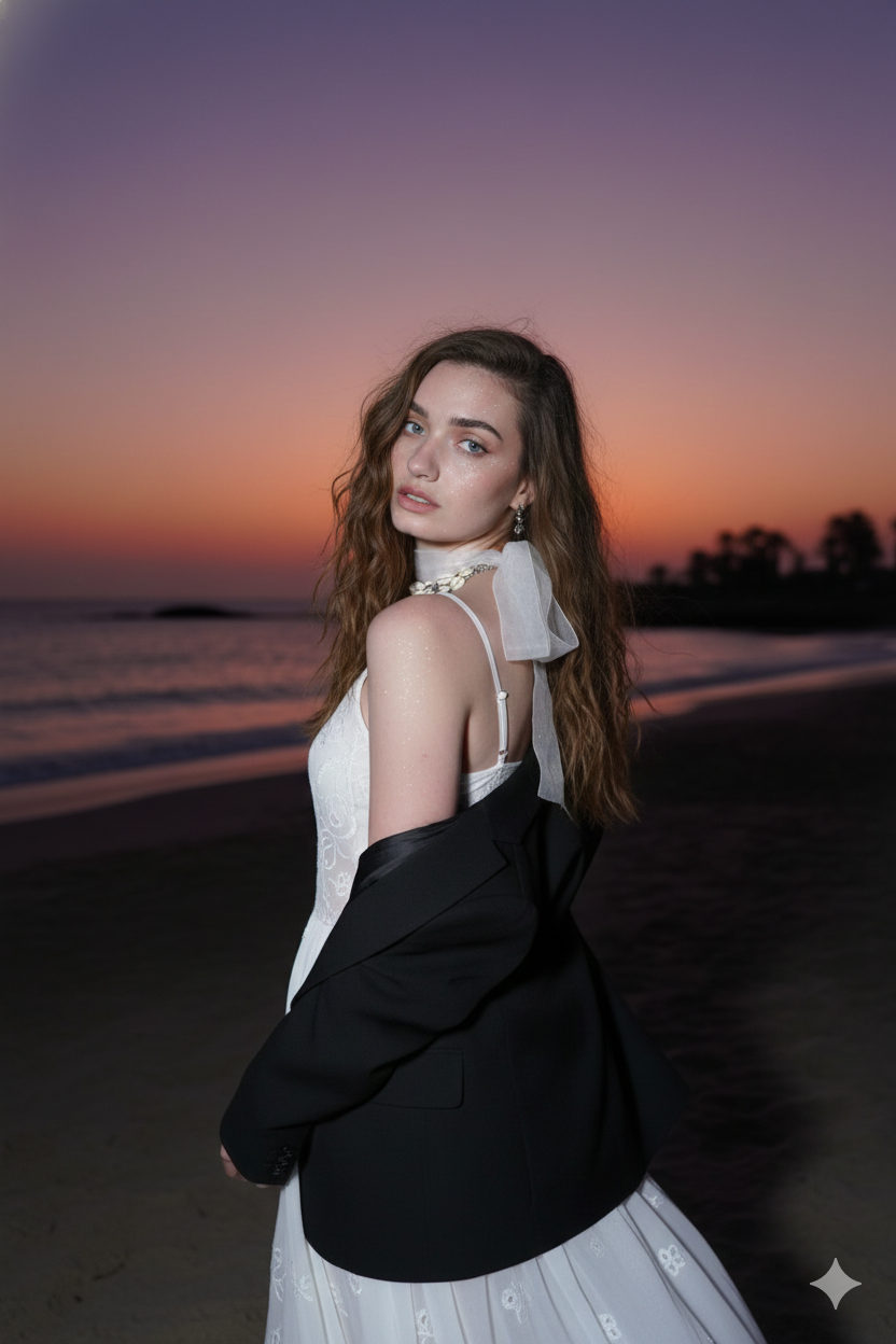 Flash Portrait on Dark Beach Sunset