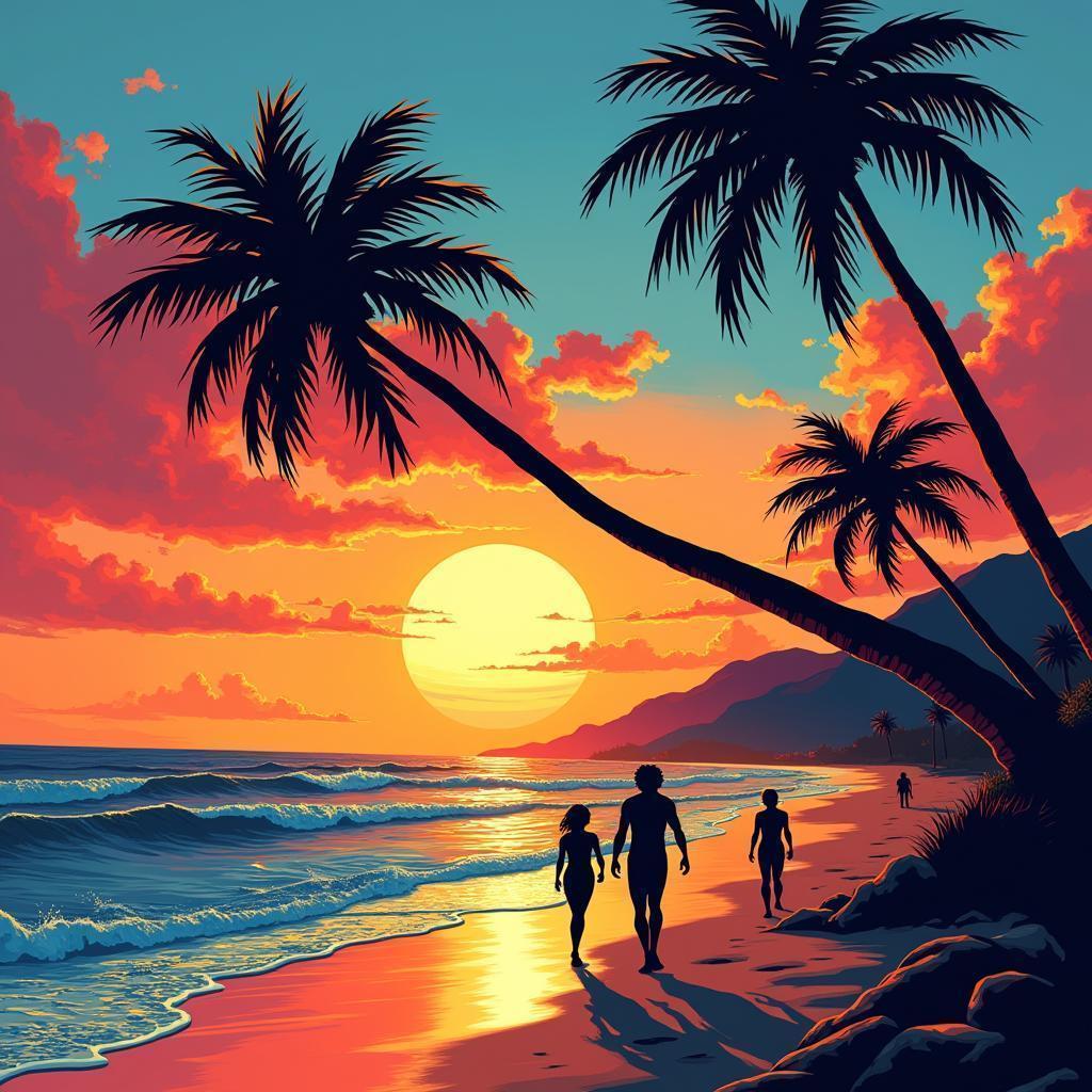 Pop Art Sunset Beach in Comic Panels