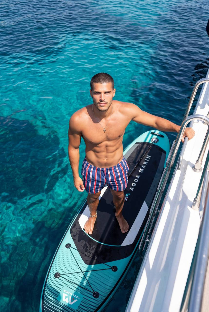 Athletic Man On Yacht Paddle Board
