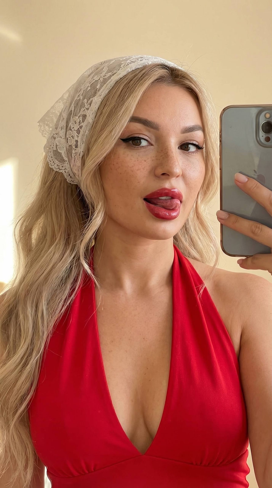 Playful Red Halter Selfie Girl