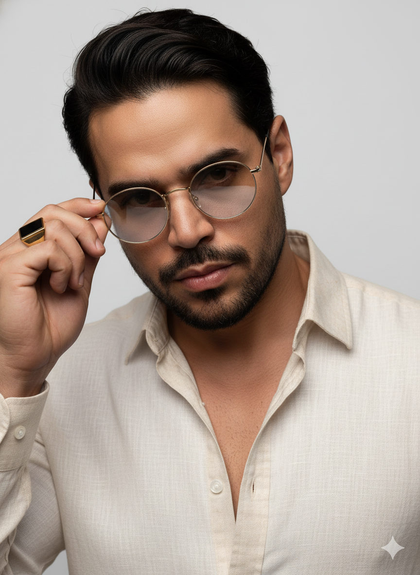 Hyperreal Linen Portrait with Clear Sunglasses