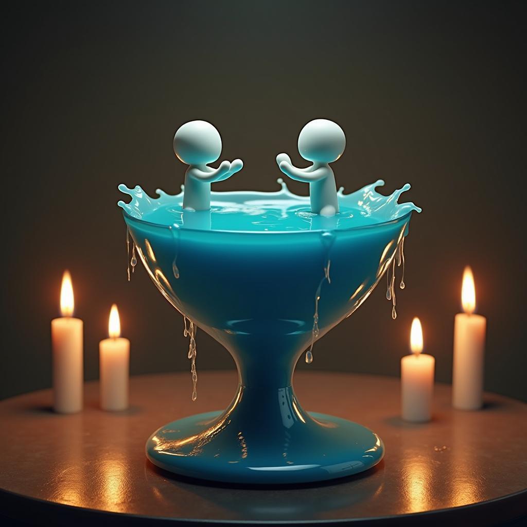 Rubber Figures Diving Into a Glowing Chalice