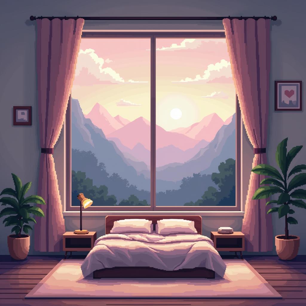 Pixel Bedroom Window Framing Blocky Mountains