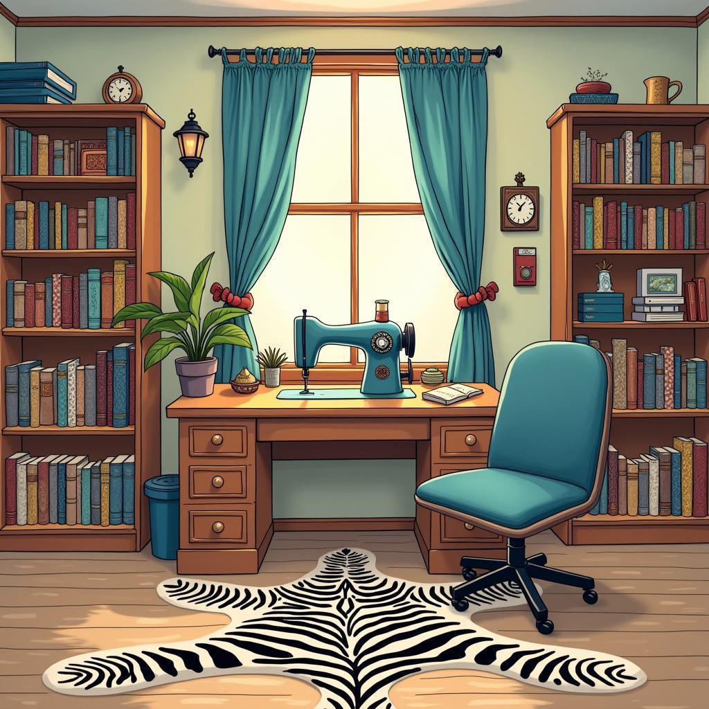 Comic Sewing Room With Zebra Patterned Rug