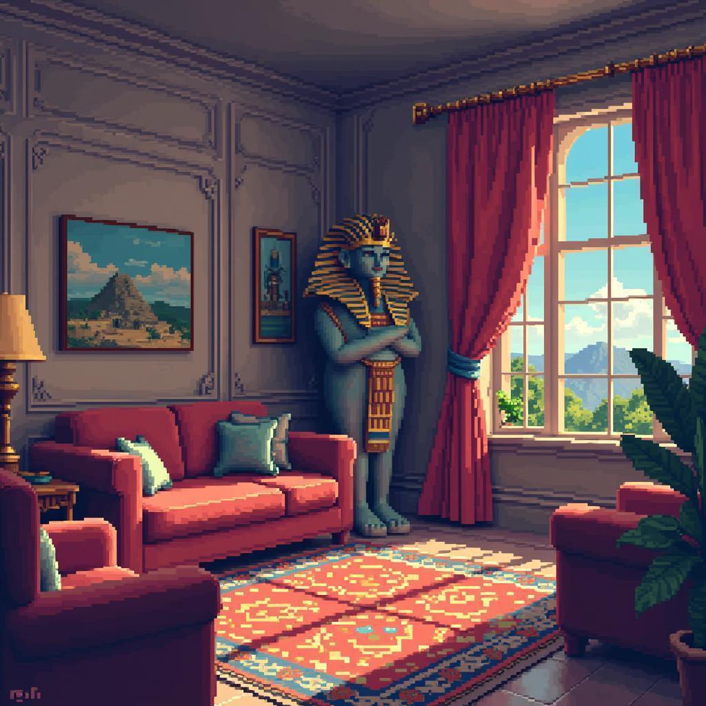 Pixel Living Room With Egyptian Statue Corner