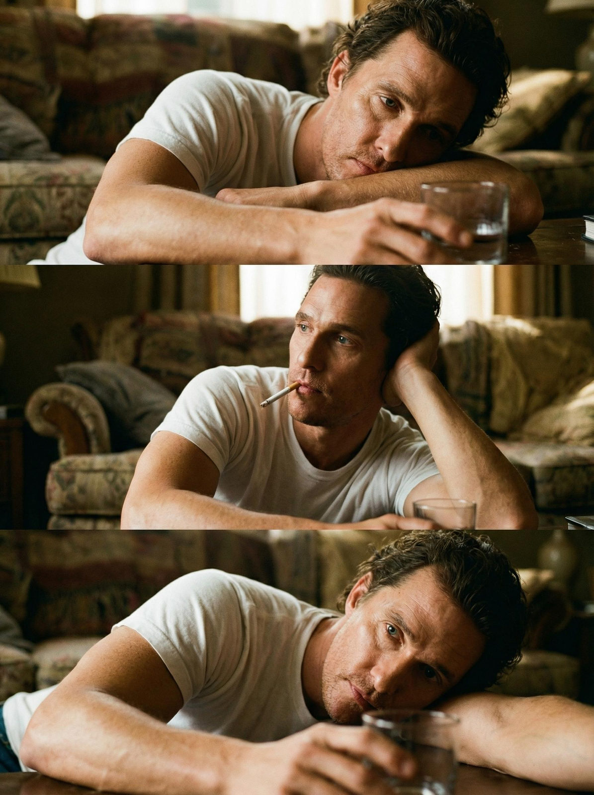 Cinematic Triptych Man Dim Interior