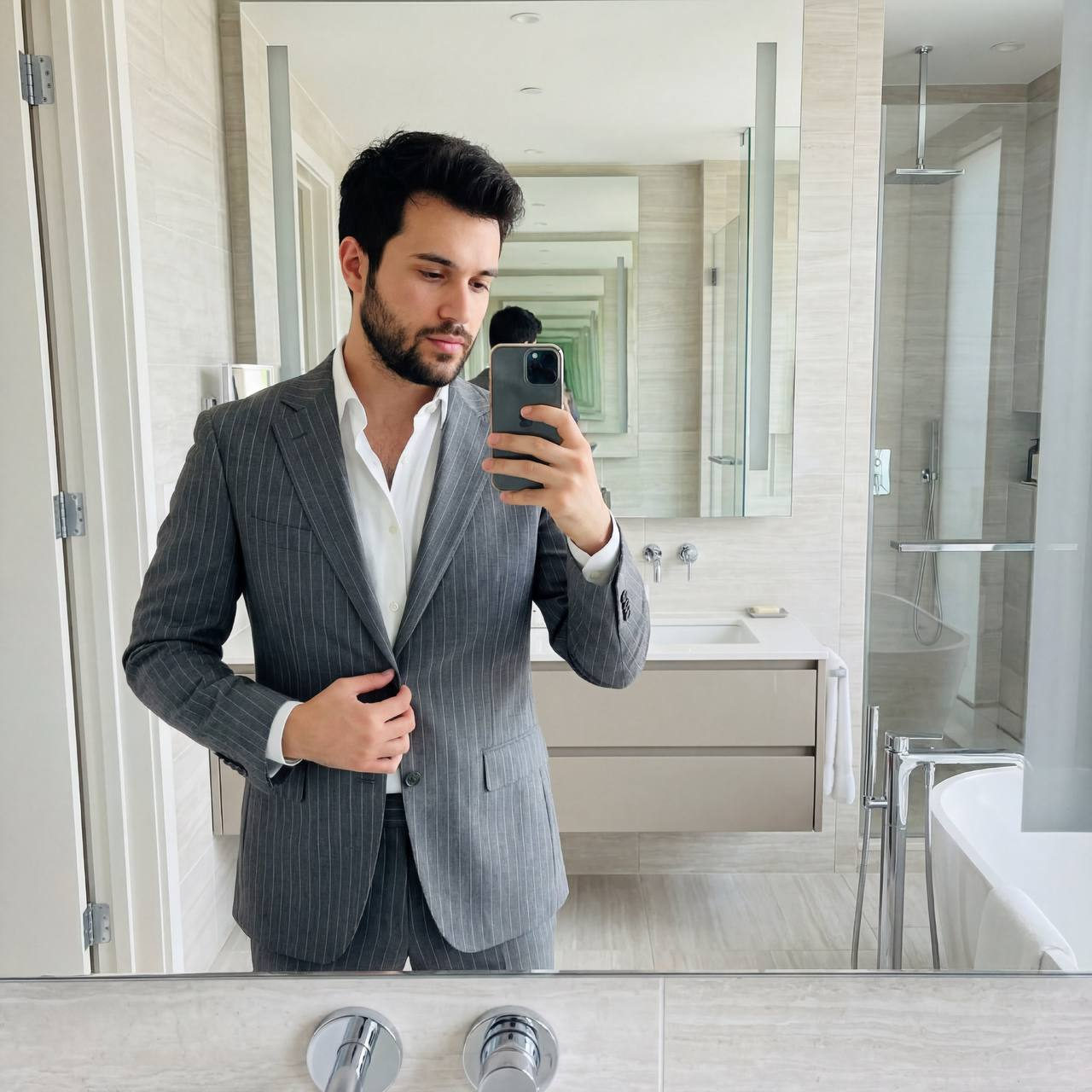 Confident Suit Selfie In Modern Bathroom