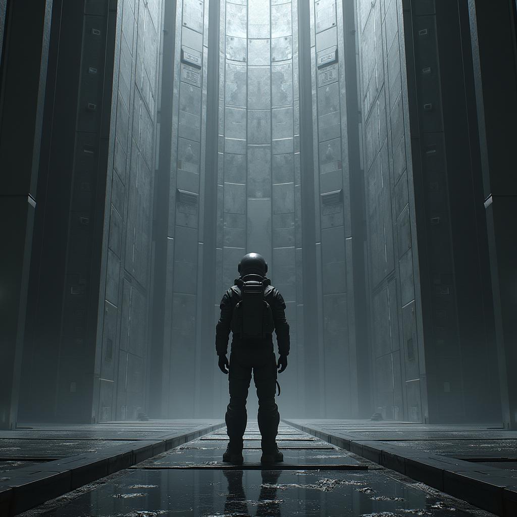 Explorer Cosmonaut Before a Colossal Metal Wall