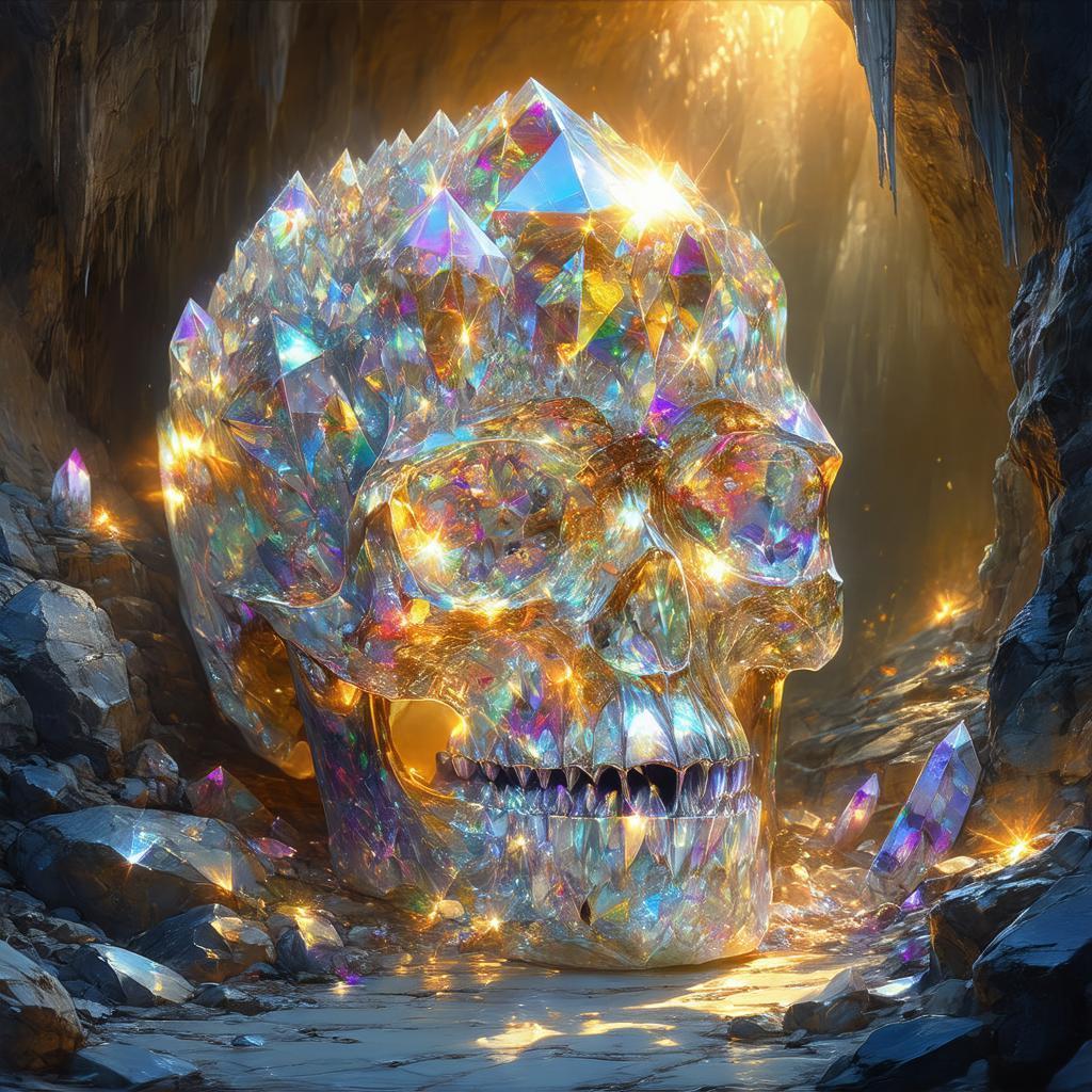Diamond Crystal Skull Glowing in Ancient Cave