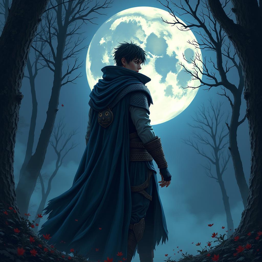 Cloaked Adventurer Under the Full Moon