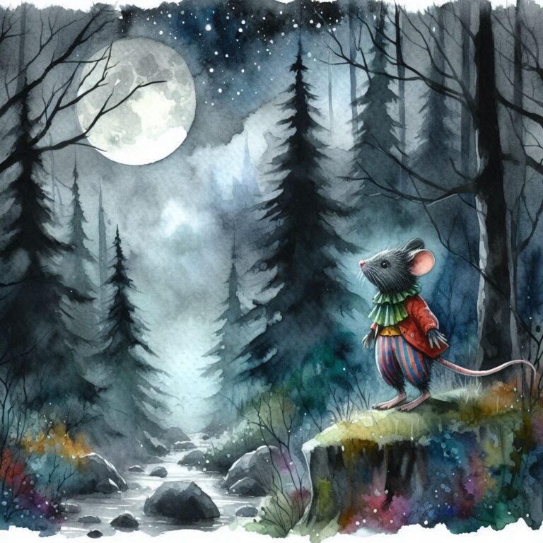 Lost Clown Mouse in Misty Forest at Night