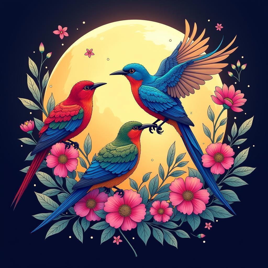 Floral Moon With Three Vibrant Birds