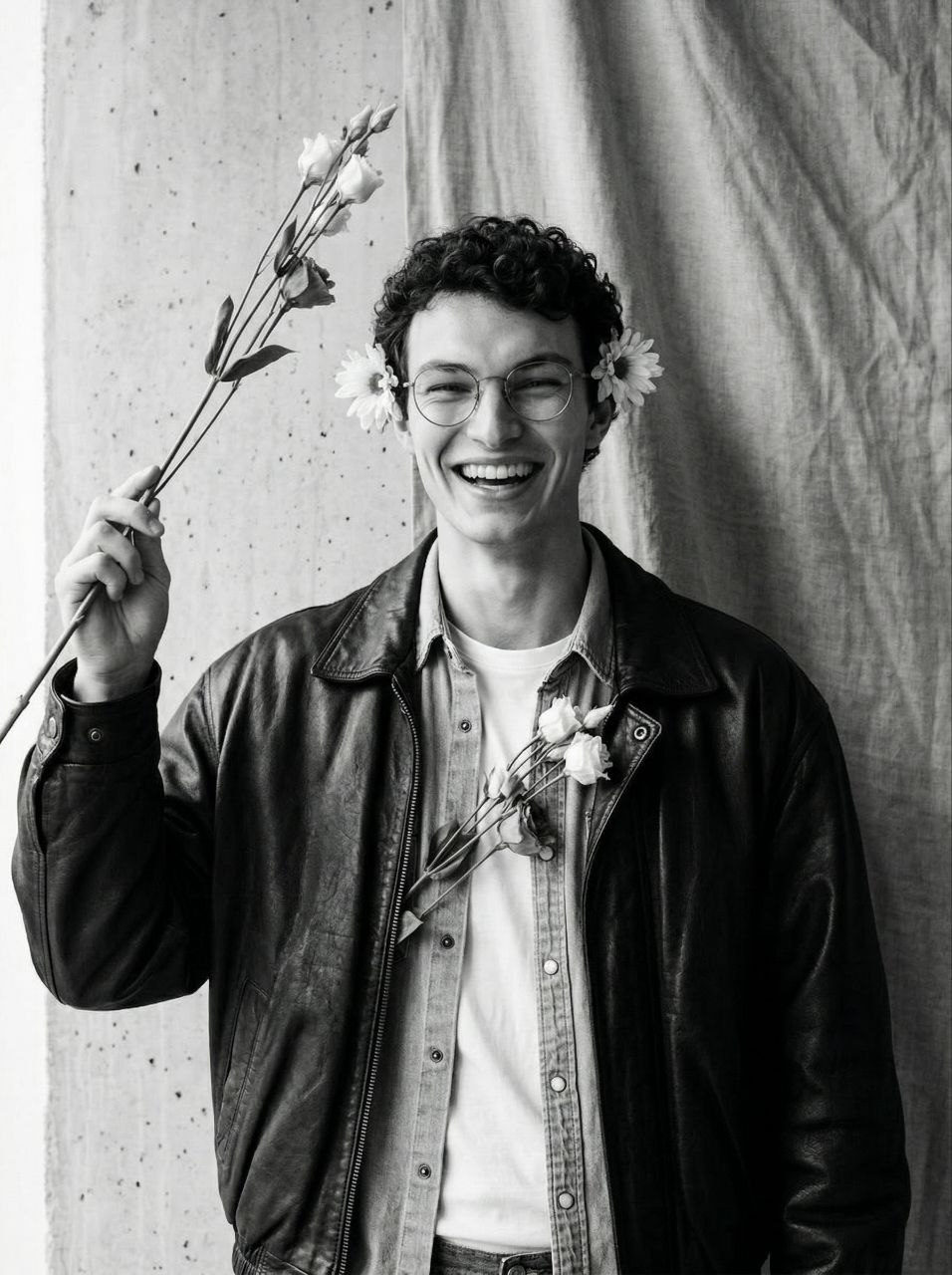 Smiling Man Flowers Leather Jacket