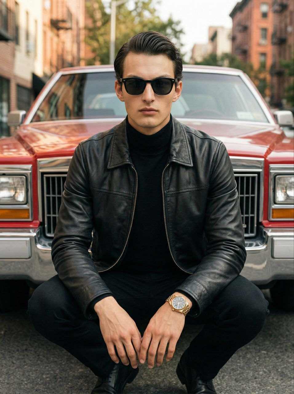 Cool Man Crouching by Classic Red Car