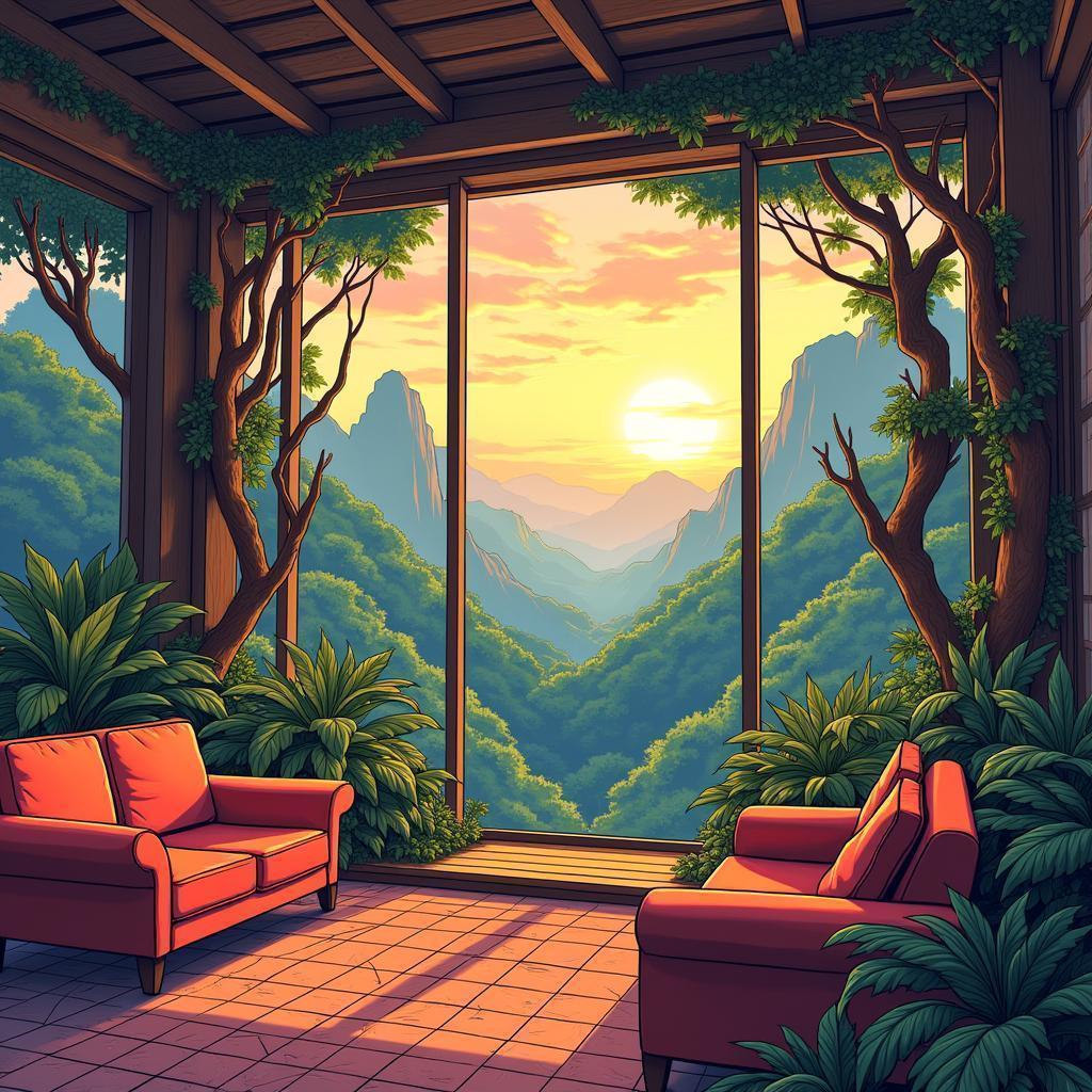 Vibrant Manga Living Space Overlooking Lush Forest