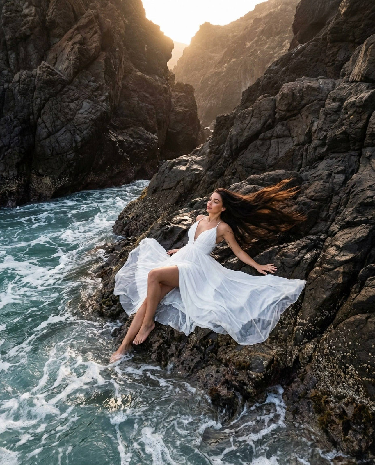 Drone View Girl At Cliff Water Edge