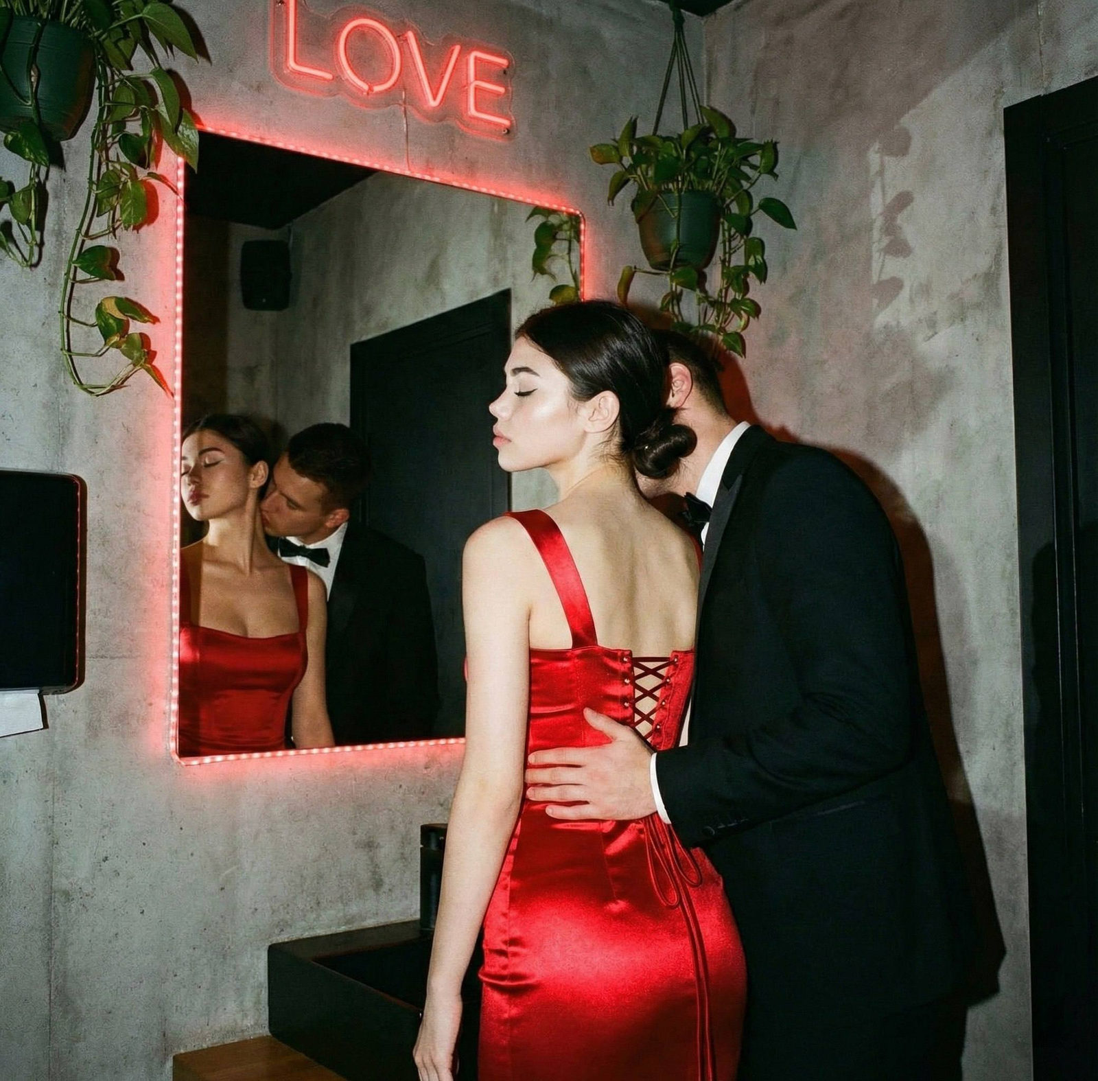 Red Dress Couple Mirror Kiss