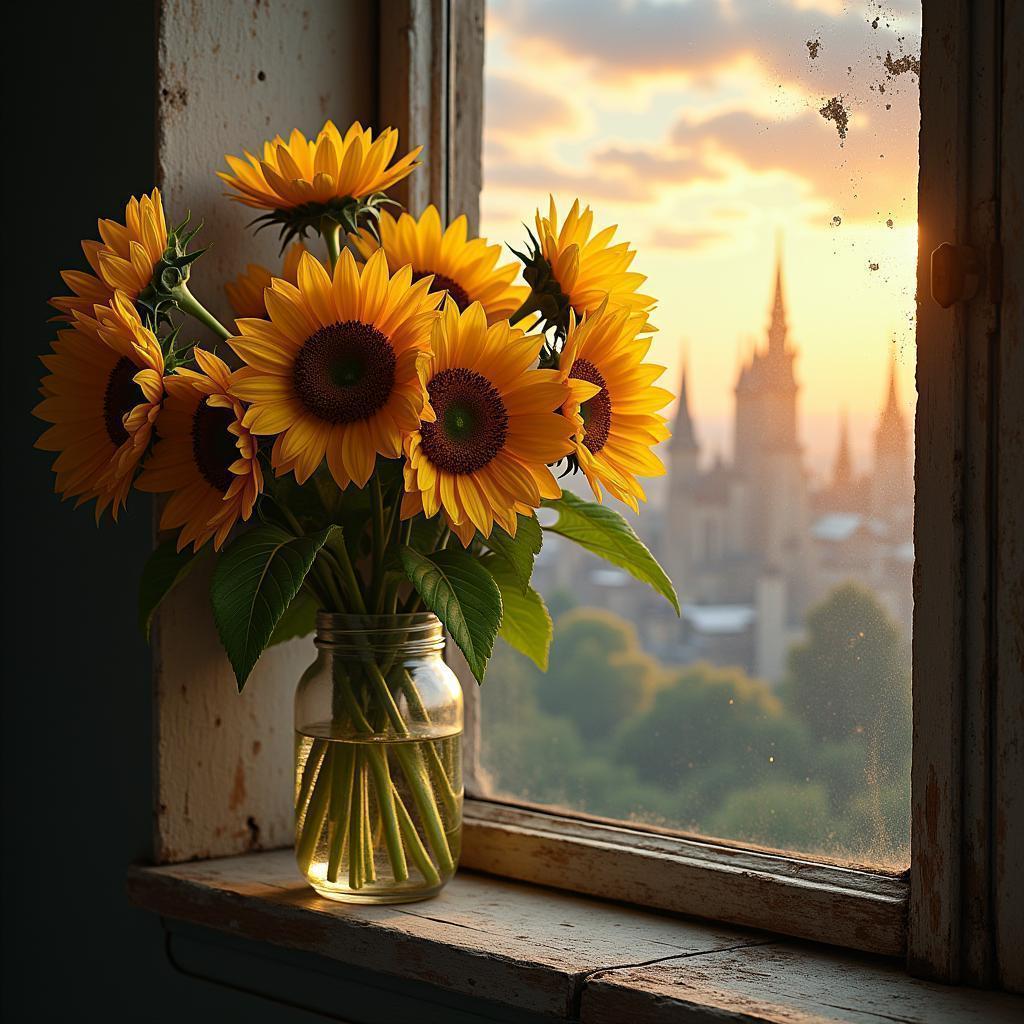 Ancient Sunflowers on a Mystical City Windowsill