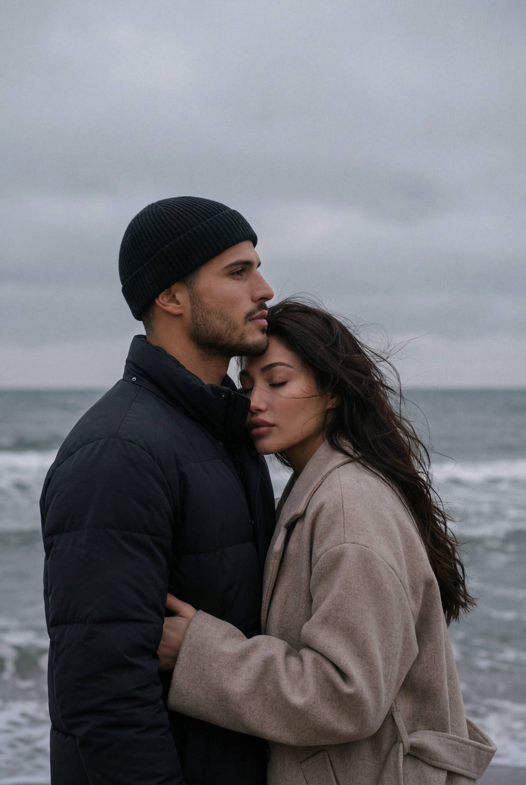 Couple Embracing by Grey Sea