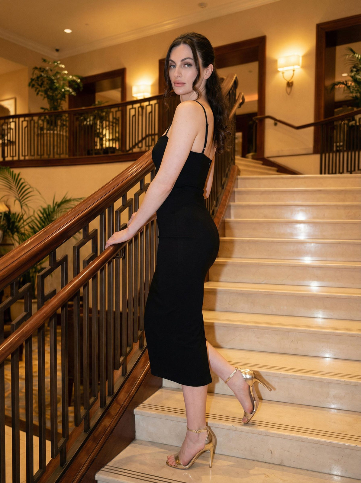 Woman in Black Dress on Staircase