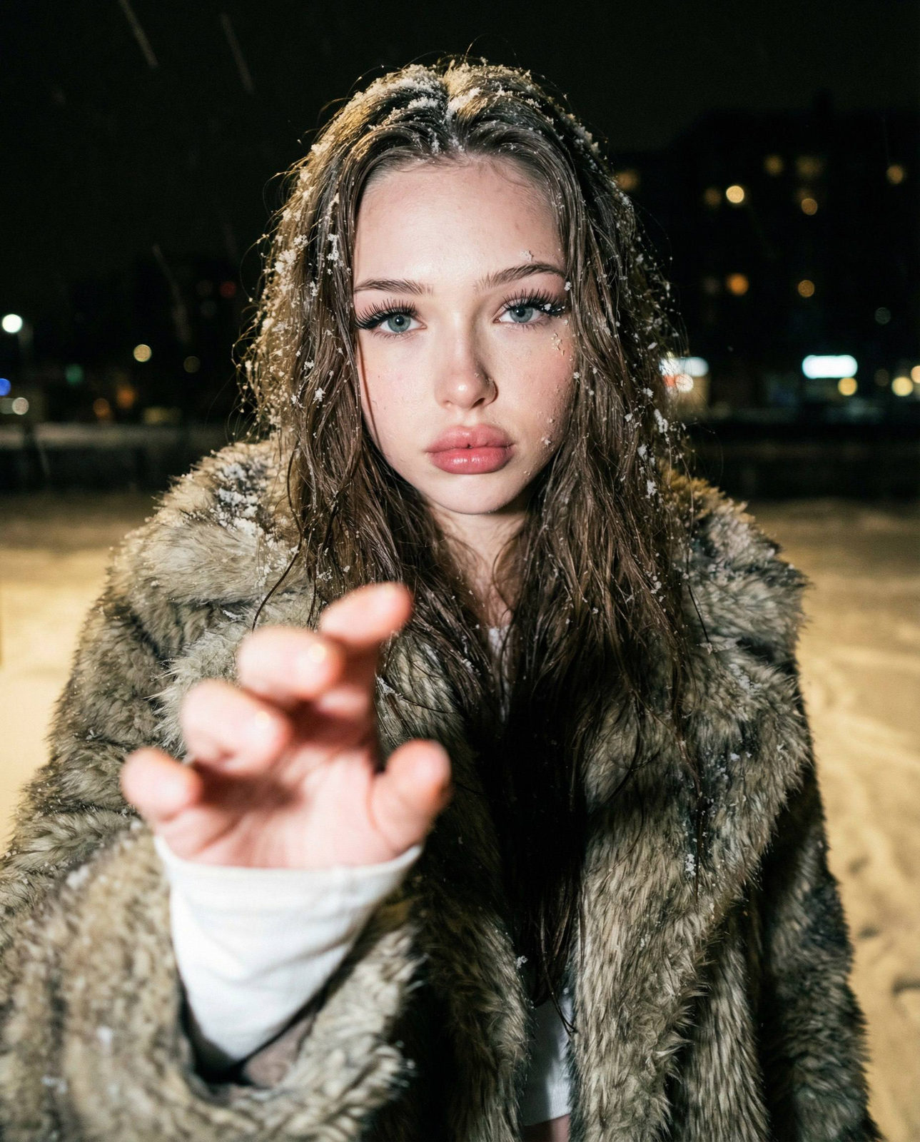 Snowy Night Street Fashion Portrait