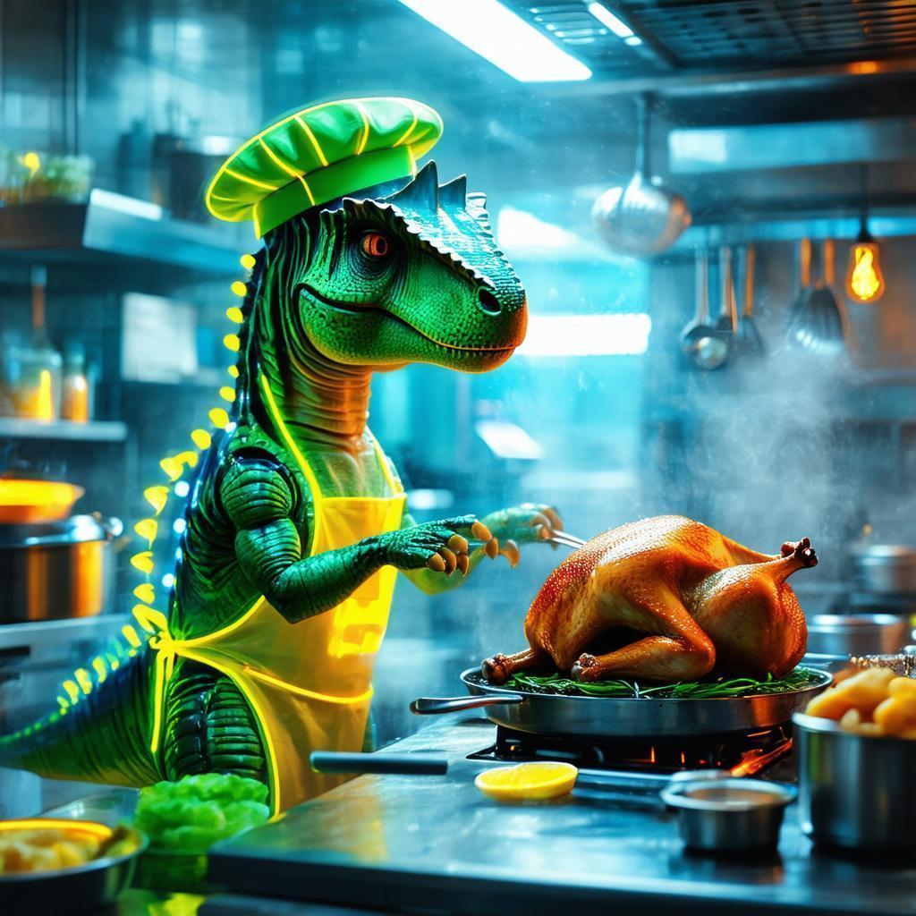 Neon Dinosaur Chef Roasting Cybernetic Chicken