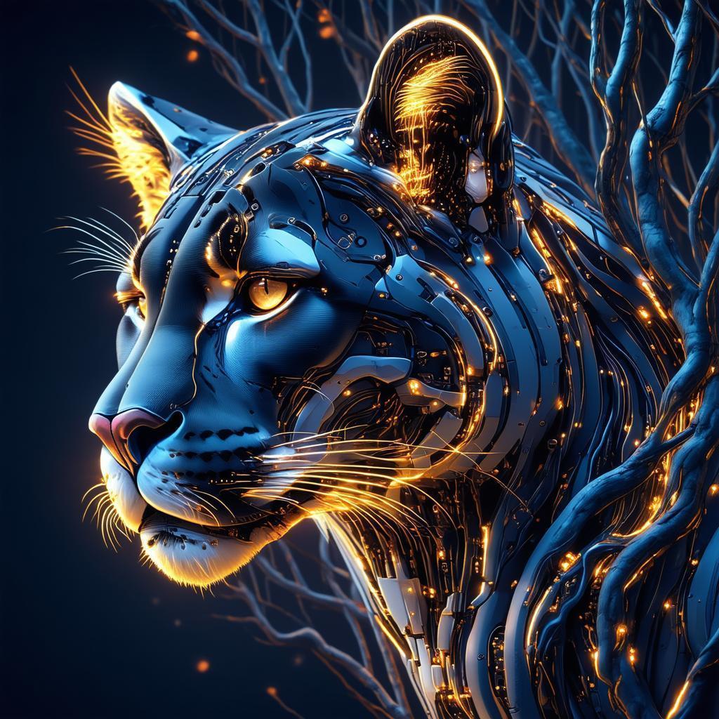 Neon Cougar Head Entwined With Cyber Trees
