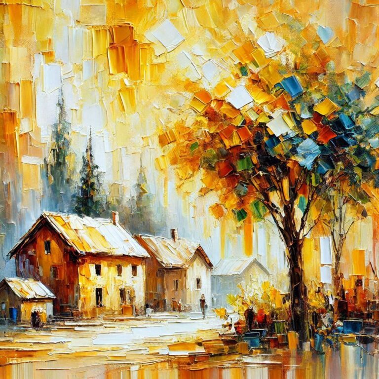Abstract Oil Painting of Trees and Houses
