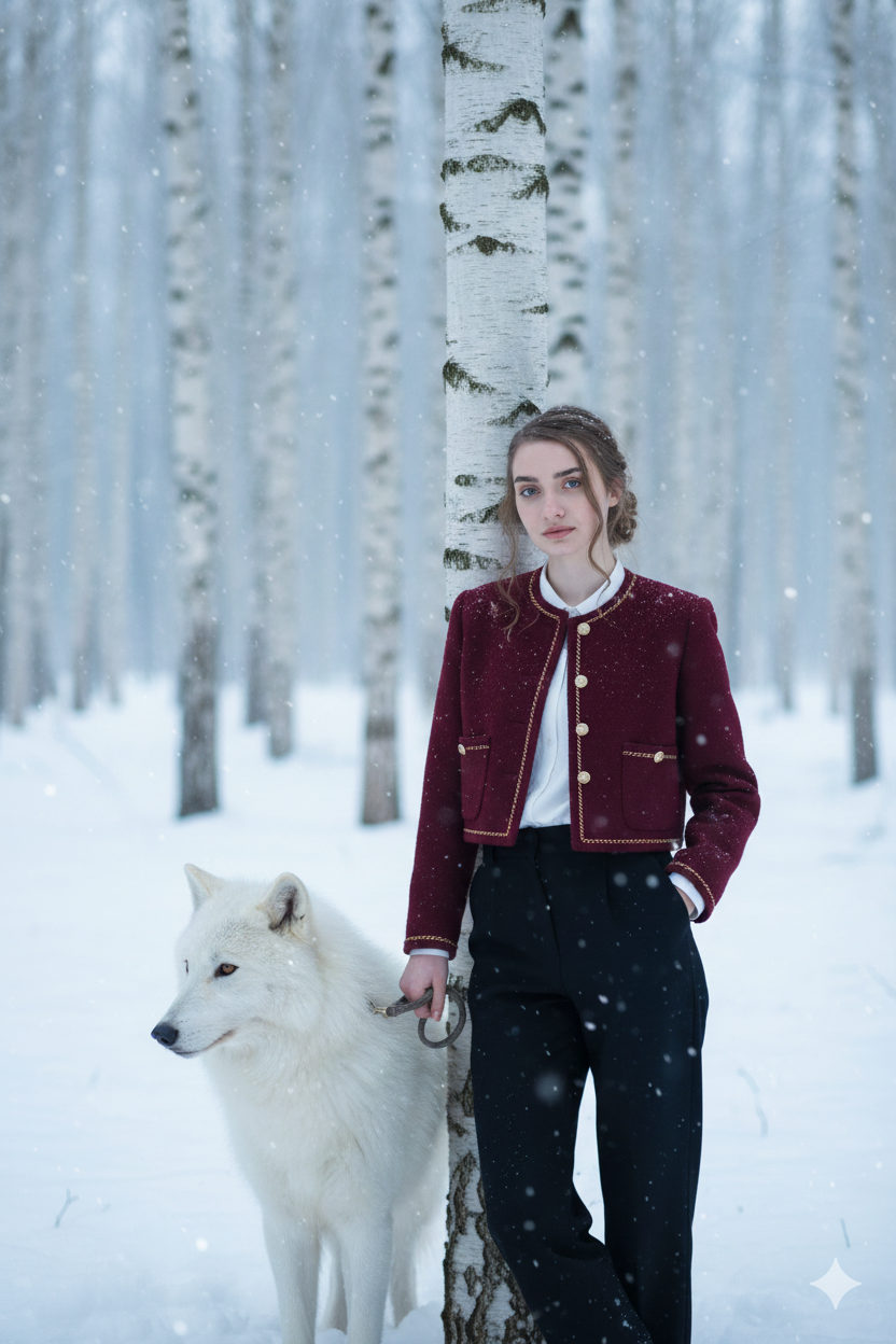 Winter Portrait Woman White Wolf Snow
