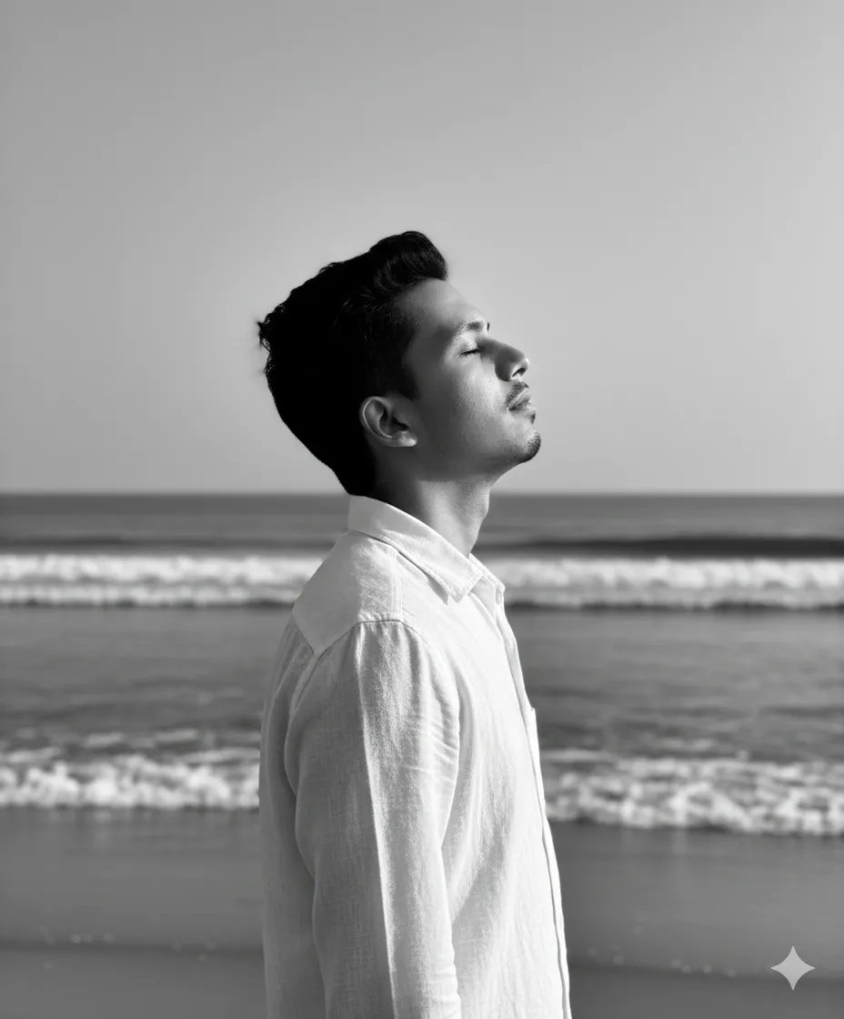 Meditative Beach Portrait in Monochrome