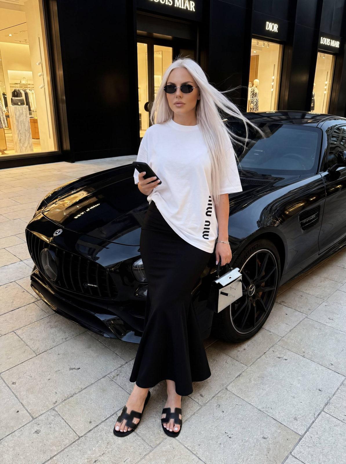 White-Haired Model Luxury Car Street Shoot