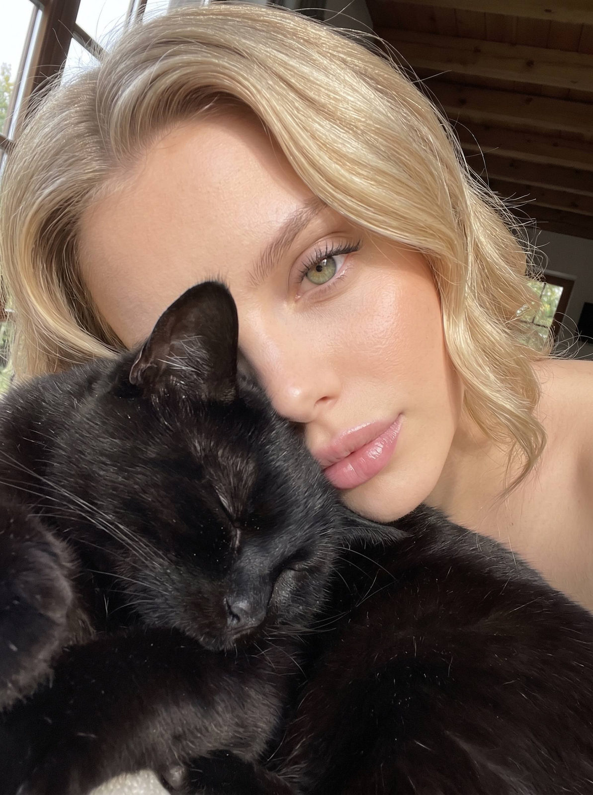 Sleeping Black Cat Cuddle Selfie