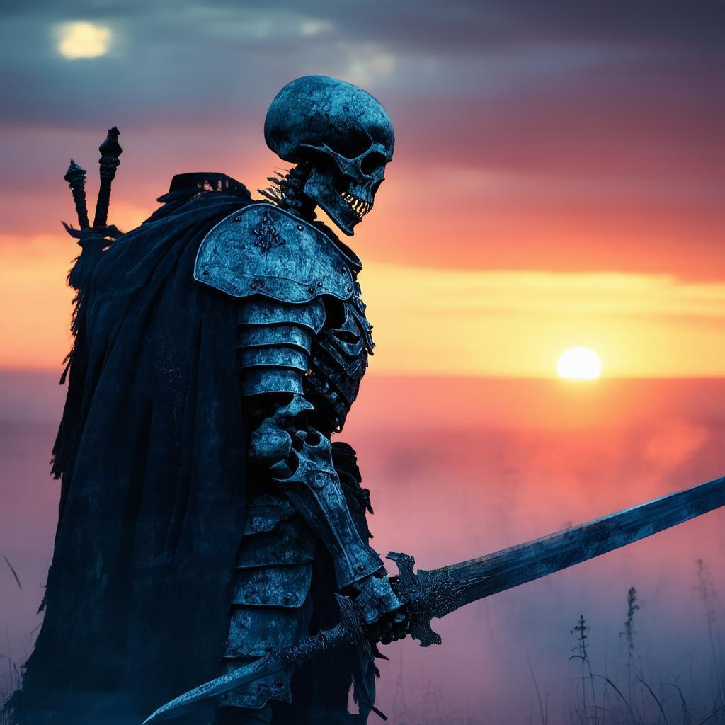 Skeletal Warrior Standing at Dramatic Sunset