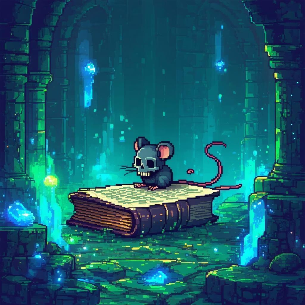 Pixel Skull Mouse Perched on Ancient Book