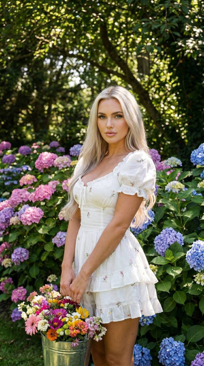 Smiling Girl Among Hydrangeas