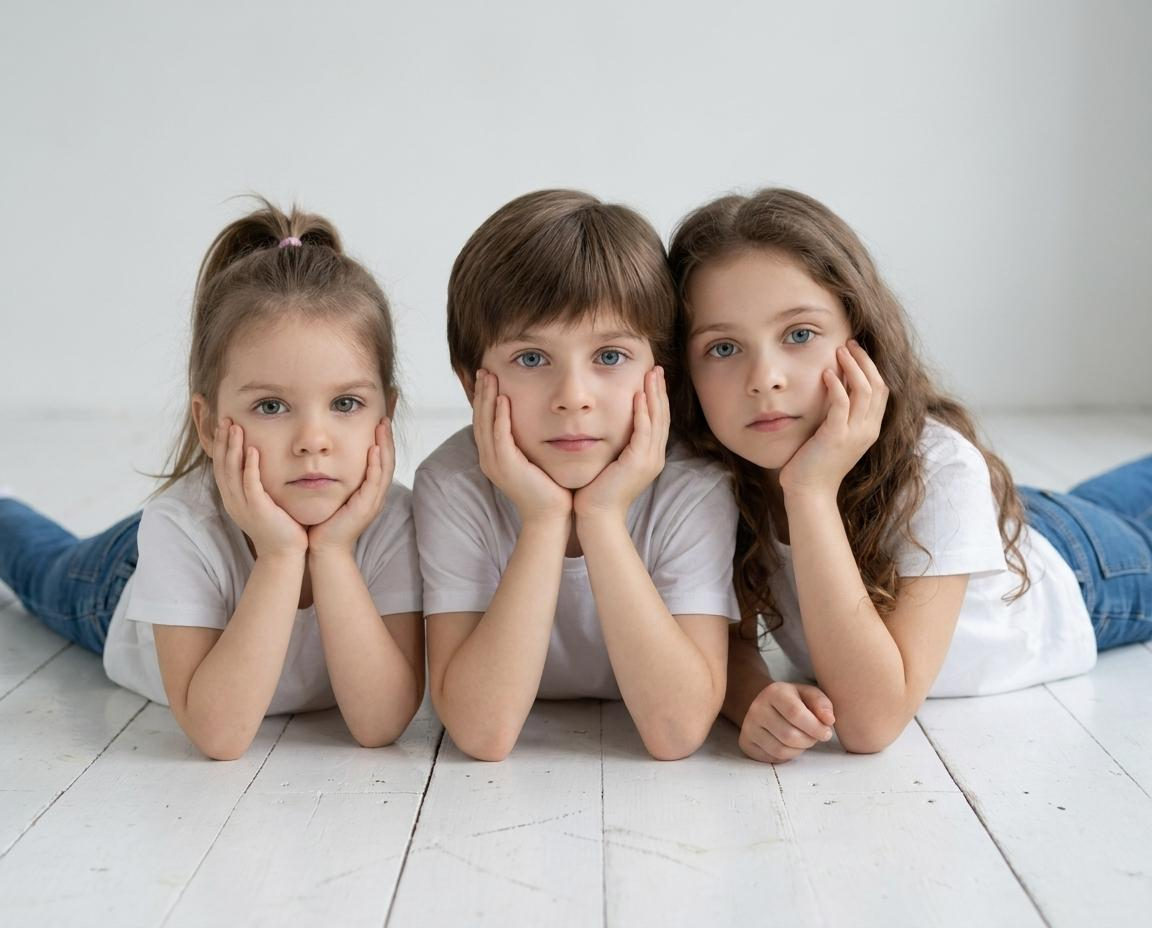 Three Children Gazing in Minimalist Studio