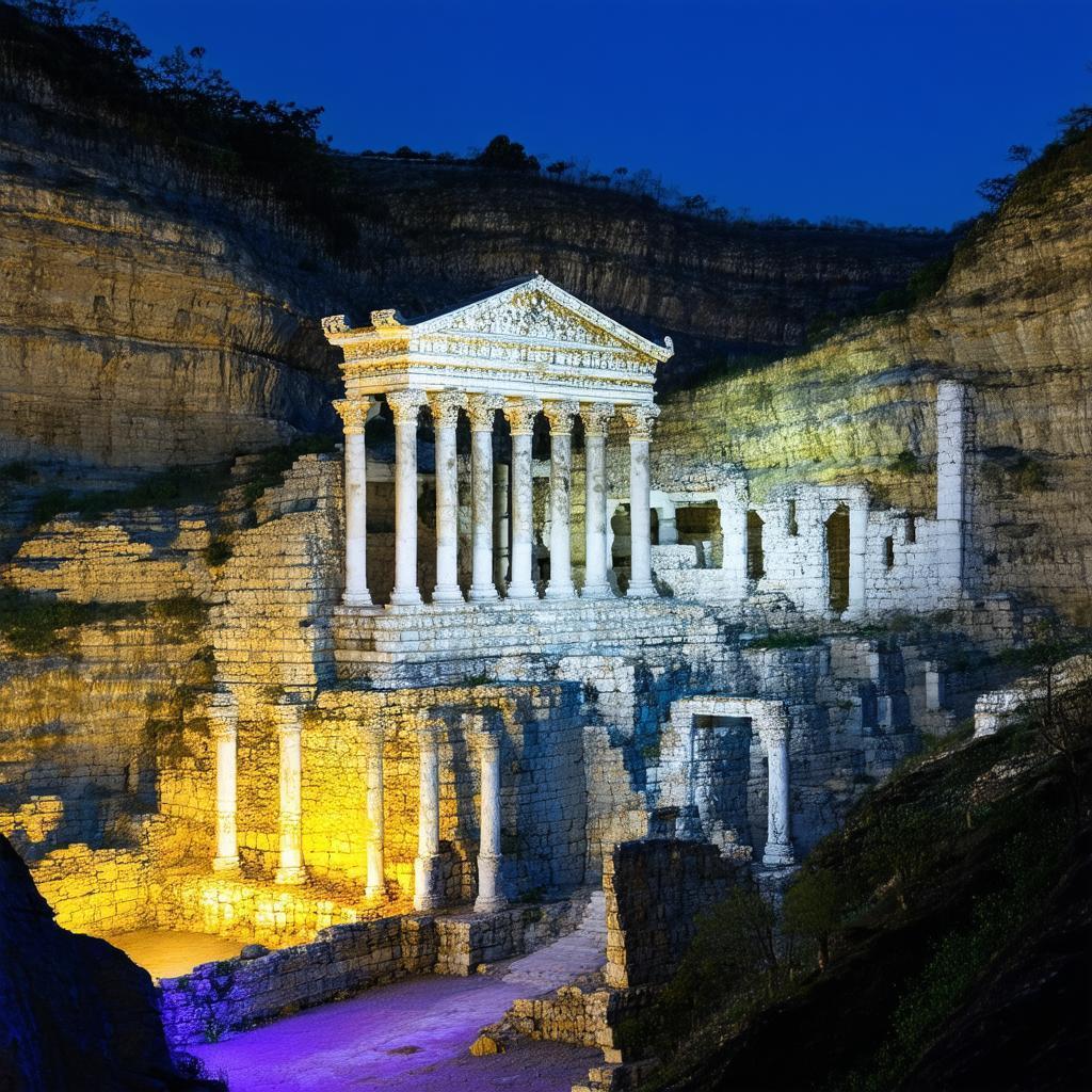 White Temple Ruins in a Night Gorge
